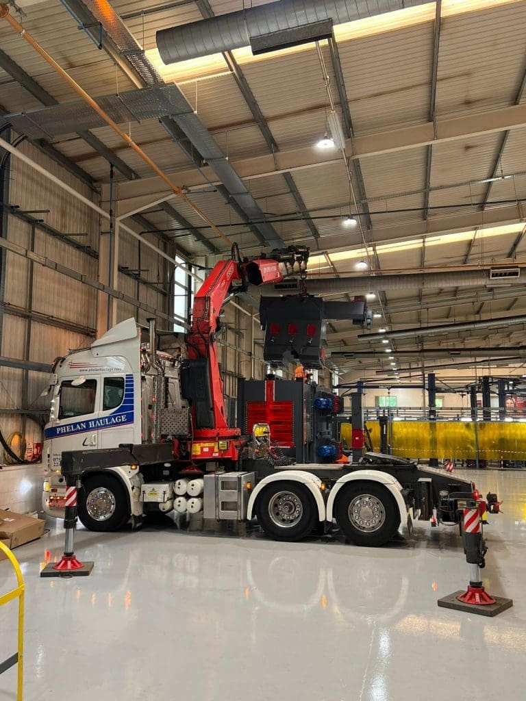 a hiab lorry carrying out a factory installation